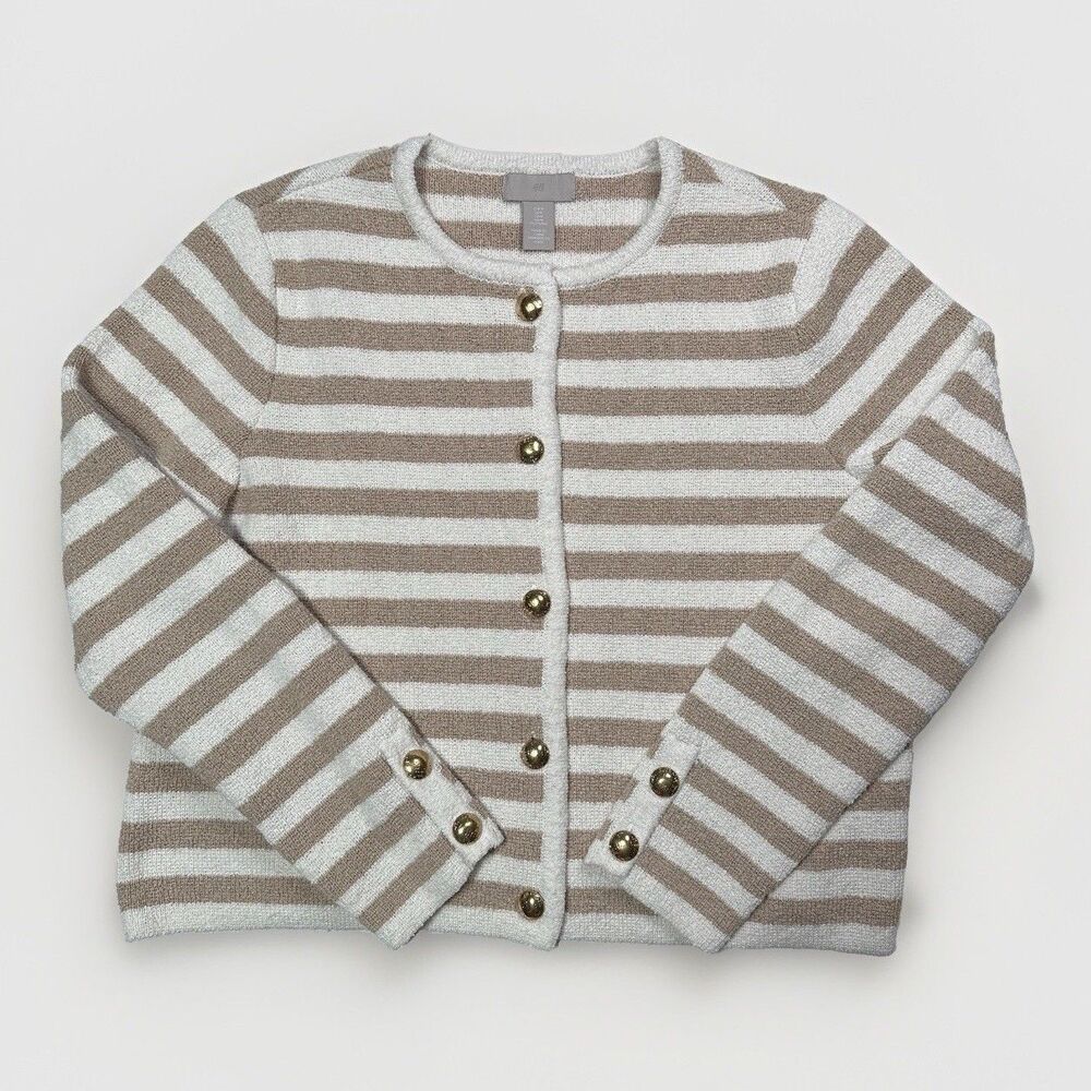 H&M Textured Striped Knit Cardigan Sweater Lady Jacket Beige Cream Gold Button L